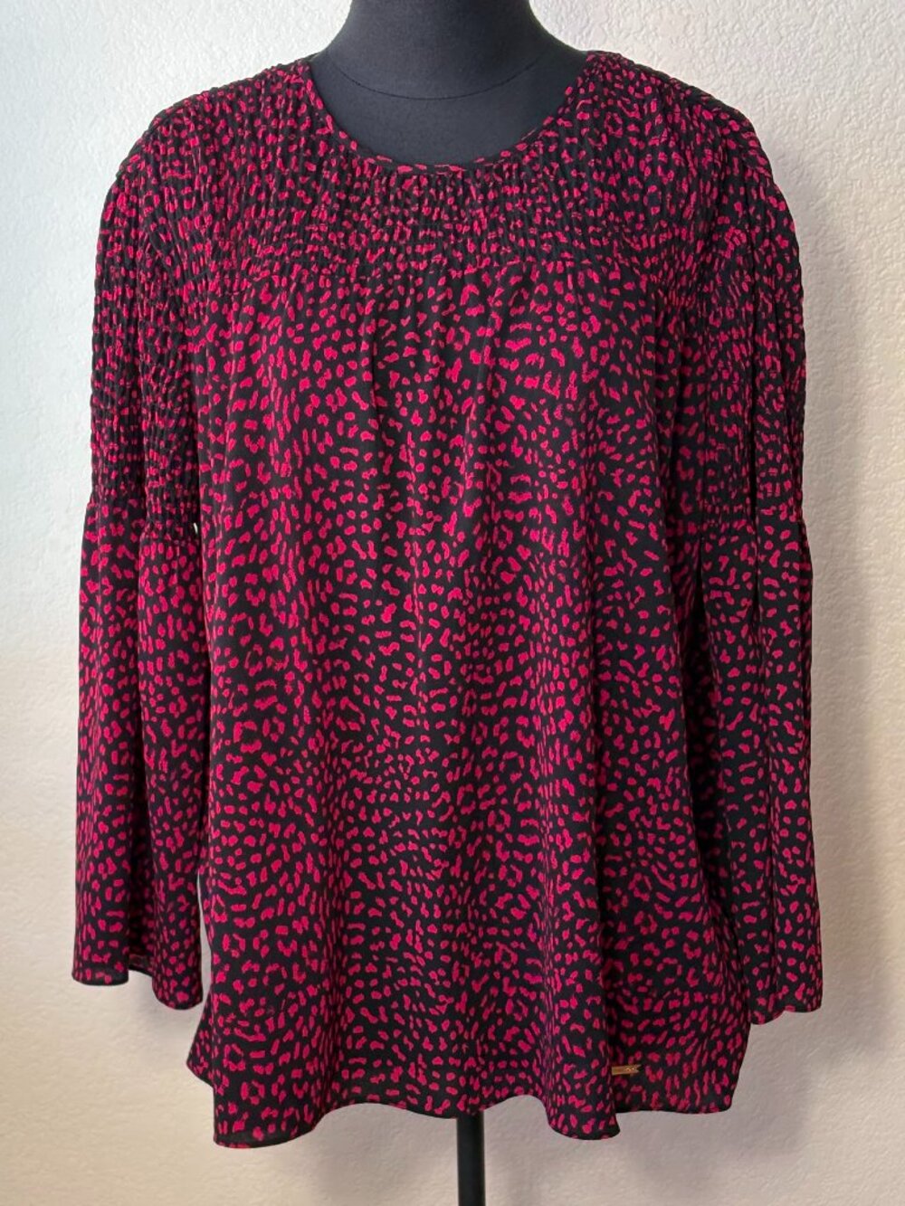 MICHAEL Michael Kors Blouse M Black Red Animal Print Smocked Long Sleeve